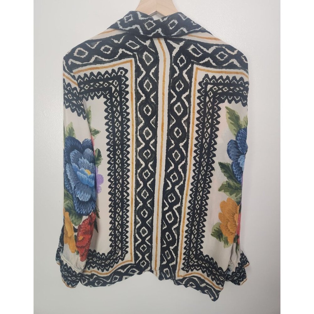 Farm Rio Women's Sz. XS Ivory Black Floral Blouse Classic Button up - Picture 7 of 8